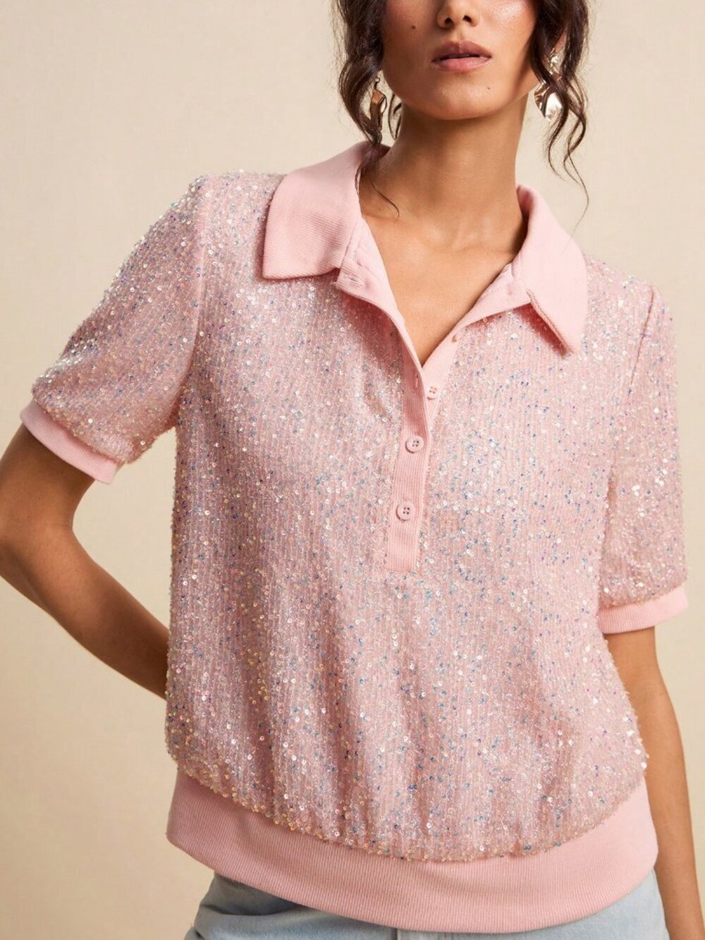Pink Party Women's Loose Fit Short Sleeve Sequins T-Shirt